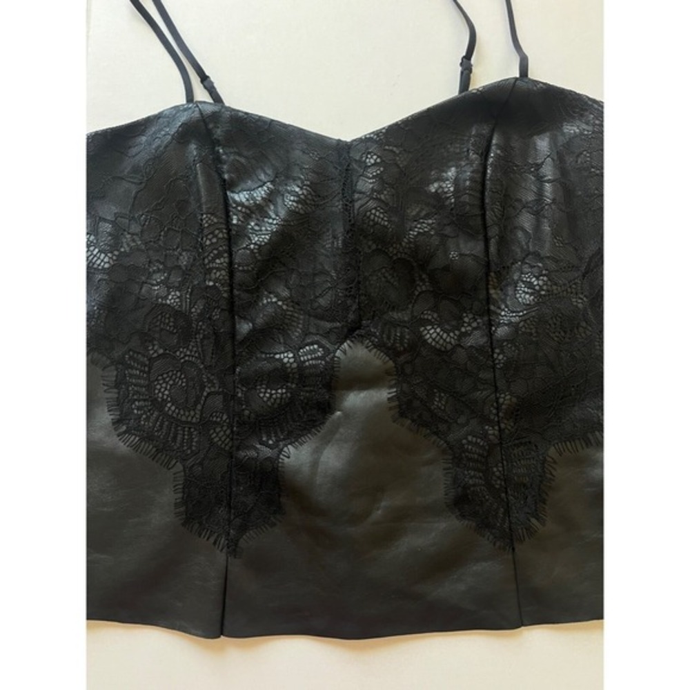 Womens‎ Faux Leather Bustier Top S Black Lace Spaghetti Strap Y2K Goth Clubwear